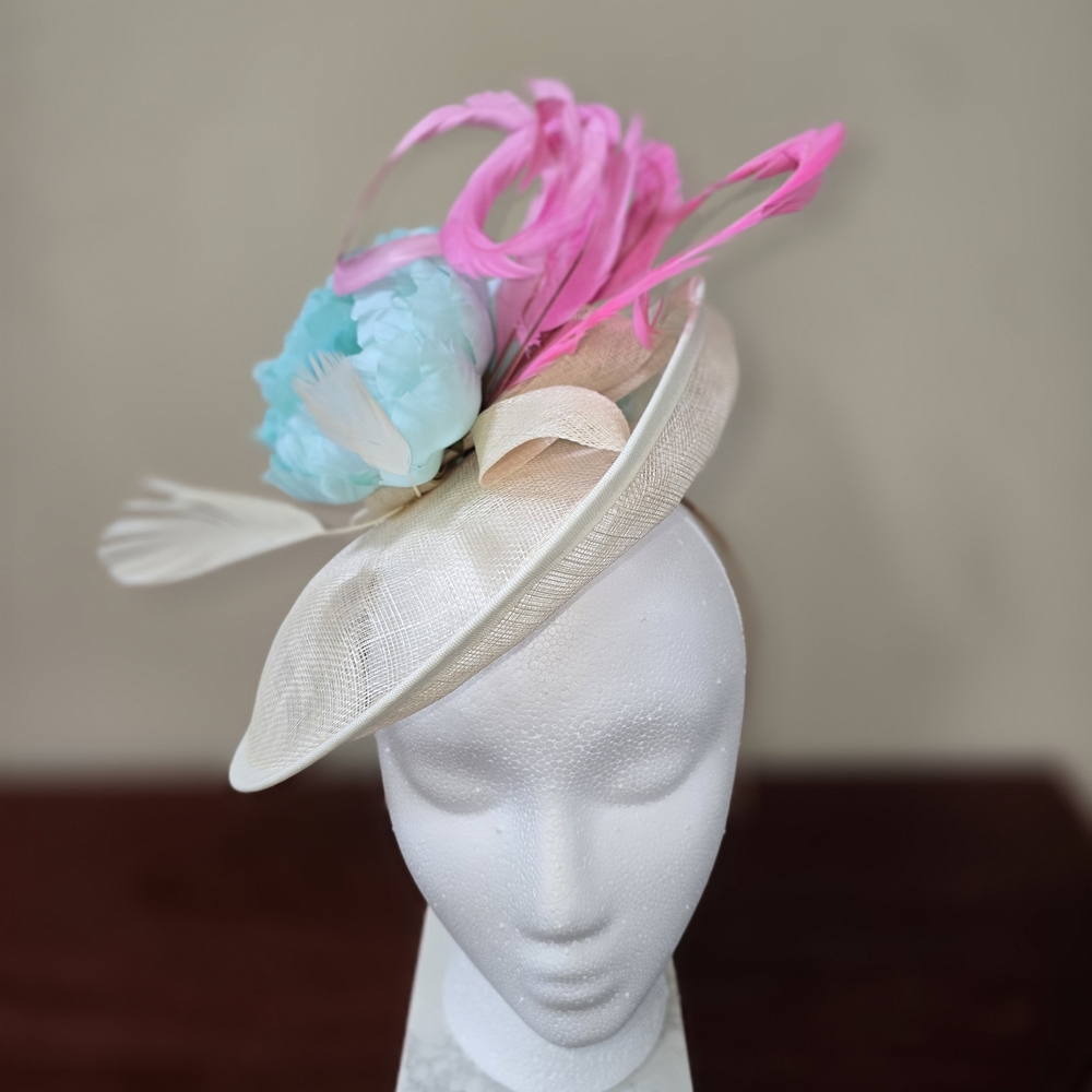 Ivory Fascinator Hat with Pink Feathers and Aqua Flower